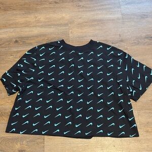Nike Black Crop Tee with Teal Swoosh Pattern